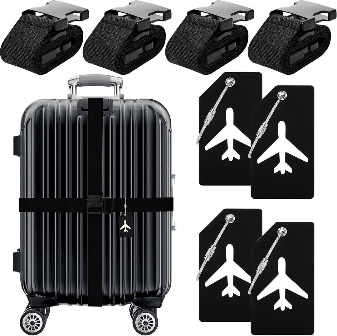 Weewooday 8 Pcs Luggage Straps Suitcase Tags Set for TSA Approved, 4 Travel Adjustable Suitcase Belt, 4 Silicone Luggage Tags with Name ID Card Travel Accessories(Black,Airplane)