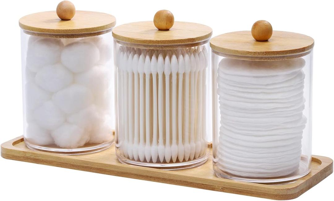 Tbestmax 10 Oz Cotton Swab/Ball/Pad Holder with Vanity Tray, Qtip Apothecary Jar, Clear Bathroom Containers Dispenser for Storage 3 Pack Wood Lids (Group A-beige Bamboo)