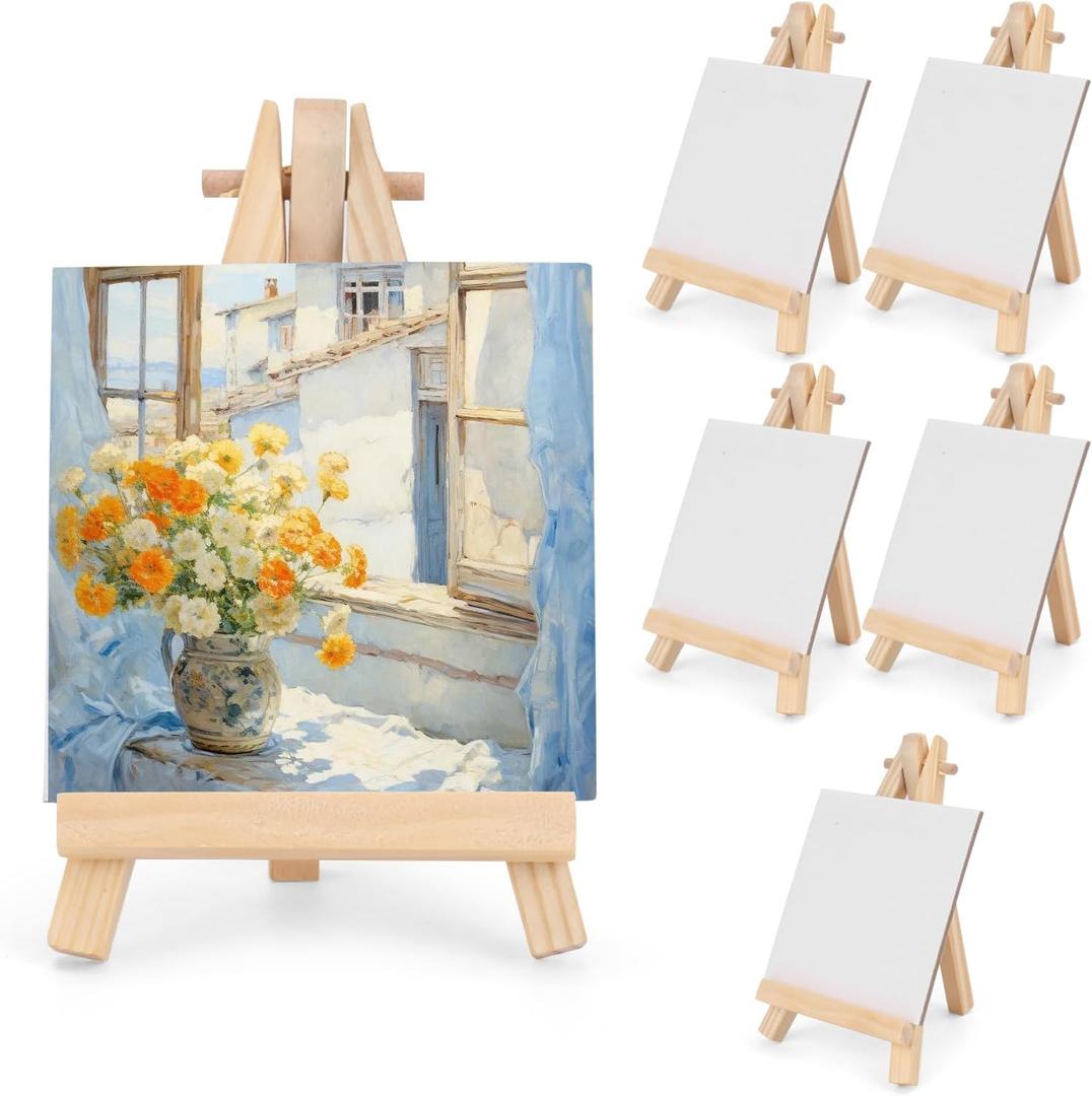 3 Inch Mini Canvas 5 Inch Mini Easel, 6 Pcs Small Painting Canvas with 6 Pcs Mini Easel, for Painting, Crafts, Photos etc