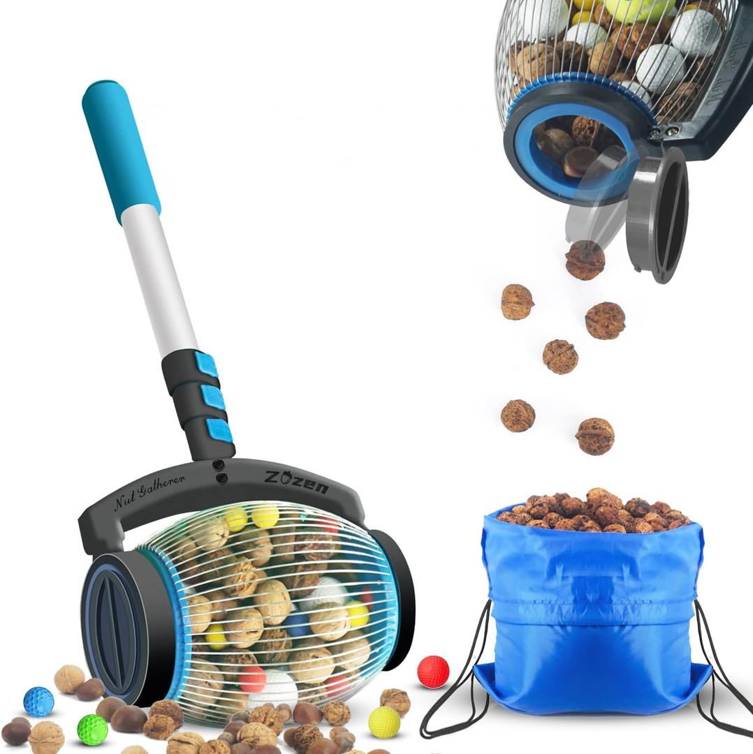 Zozen Nut Gatherer, Acorn Picker Upper, Pecan Picker Upper - Side Opening Dump, Apply to Acorns, Pecans, Buckeyes, Hickory Nuts, Nerf Balls, Golf Balls, Objects Size 3/8'' to 1''; 1 Gallon
