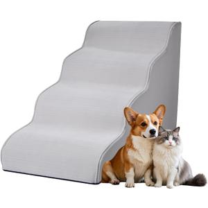 Dog Stairs for Small Dogs 19.7”H,Cowhide-Pattern Flocking Fabric,with Cushioning Support Layer,4-Step Dog Steps for High Bed,Couch,Sofa and Chair,Non-Slip Balanced Pet Ramp Indoor, Gray