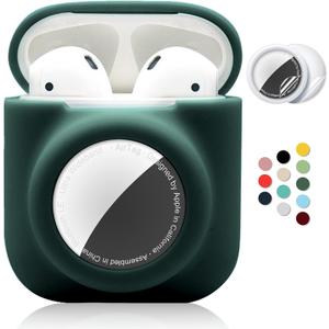2 in 1 Silicone Protective Skin Cover Compatible with AirPod 1&2 and AirTag, Soft Comprehensive Protective Case with 2 PCS TPU Screen Protector, Anti-Scratch Anti-Fall Anti-Lost(BlackishGreen)