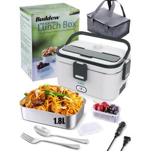 Buddew Electric Lunch Box for Adults, 80W Heated Lunch Box 1.8L Stainless Steel Portable Food Warmer,12/24/110V Lonchera Electrica Portatil for Travel & Work, Loncheras para Hombres de Trabajo(Gray)