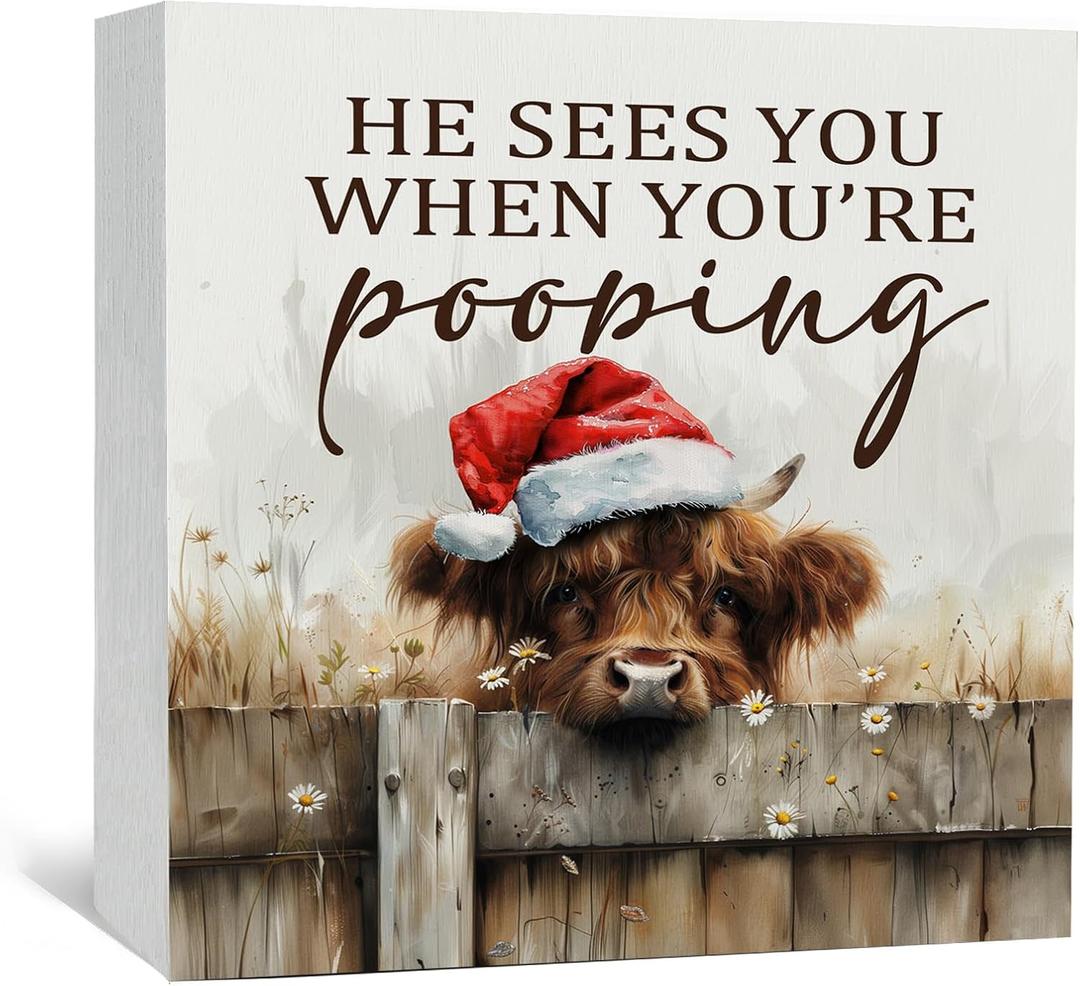 4 x Christmas Highland Cow Bathroom Decor Sign - Farmhouse Western Christmas Animal Bathroom Decor,Rustic Farm Animal He Sees You When You're Pooping Signs,Highland Cow Gifts for Women, 8x8 Inch Home