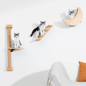 Cat Wall Shelves Scratching Posts - Wall Mounted Moon Hammock Solid Wood Stairs Cat Furniture Floating Climber Toy Hanging Holder Steps for Indoor Cats