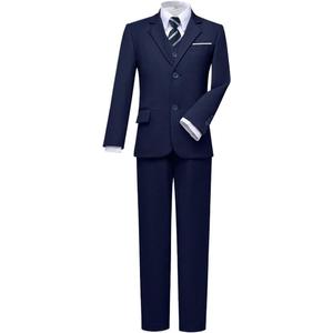 Visaccy Boys Formal Suit Slim Fit Dress Clothes Ring Bearer Outfit Tuxedo Suits, Adjustable Waist (14 Years, Blue Suit Blue Plaid Tie)
