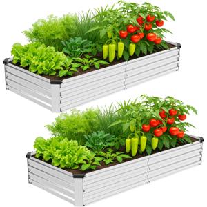 2 Pack 8x4x1FT Galvanized Metal Raised Garden Bed Kit for Vegetables, Herbs, Open-Bottom Large Capacity Outdoor Planter Box Gardening Stakes, Silver