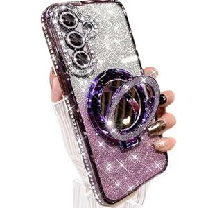 AuroiCCY Magnetic for Samsung Galaxy S25 Plus Glitter Kickstand Case, [Compatible with MagSafe] Makeup Mirror Cute Bling Rhinestone Girl Woman Cover Camera Lens Protector Ring Holder for S25+ (Purple)