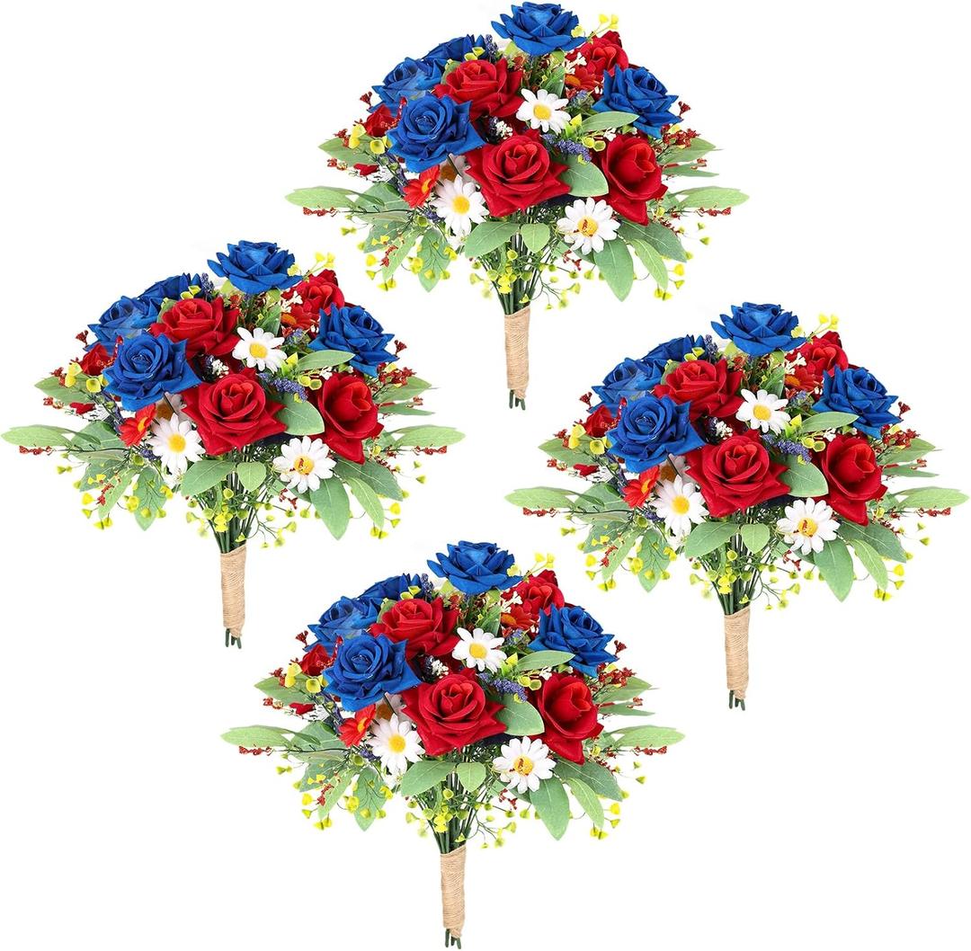 4 Bundles 4th of July Artificial Rose Patriotic Faux Fake Red White Blue Flowers Bouquet with Ribbon for Independence Day Memorial Day Farmhouse Table Centerpiece Floral Vase Home