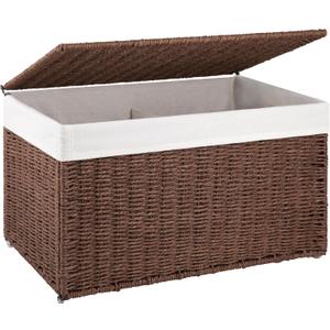 OIAHOMY Storage Basket with Lid, 17.2 Gallon (65L) Blanket Basket with Removable Separated Liner Bag, Paper Rope Hamper with Handle, Foldable, Shelf Basket for Living Room, Brown