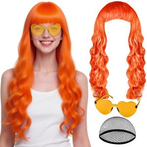 PLULON Orange Neon Wigs for Women with Heart Sunglasses, Colorful Long Curly Wigs Synthetic Colored Funny Cosplay Hairpieces for Daily Bachelorette Halloween Costume Party Decorations