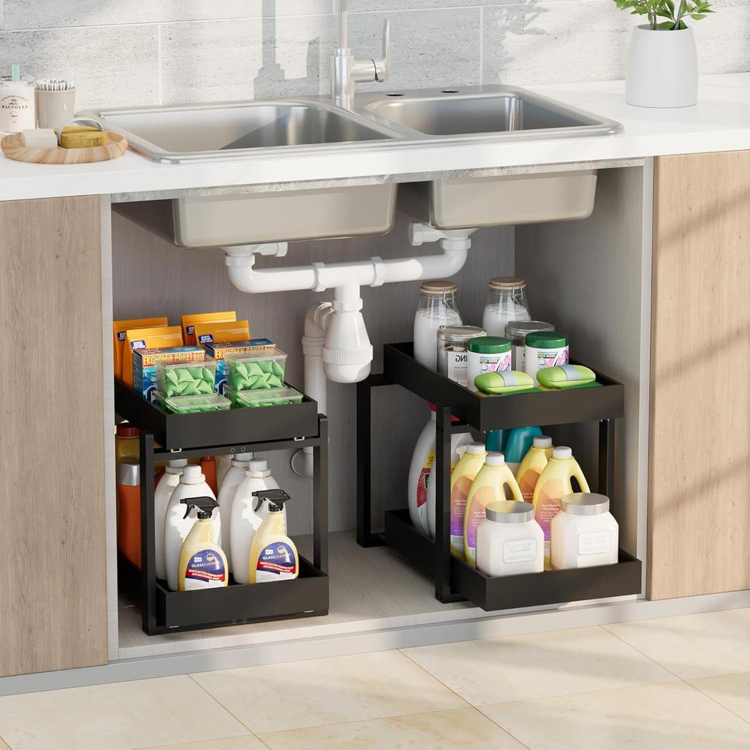 2 Pack Under Sink Organizer, Bamboo Wooden 2-Tier Pull-Out Storage with Sliding Drawers for Kitchen and Bathroom Cabinets, Easy Installation (Black, 2 Packs)