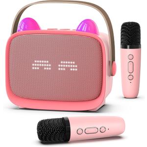 Mgaolo Upgraded Mini Karaoke Machine Toy for Kids, Portable Bluetooth Speaker with 2 Wireless Mics, Emoji & Colorful LED Lights, Home Travel & Party Play Gifts for Boys Girls (Pink)