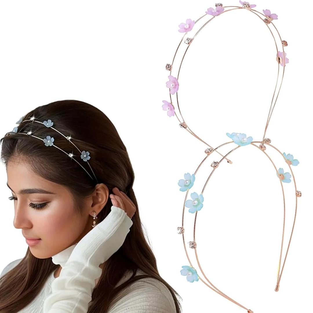 2 Pcs Metal Flower Headbands for Women, Thin Non-Slip Hairbands with Rhinestones and Pearls, Elegant Bridal Hair Accessories for Women Girls