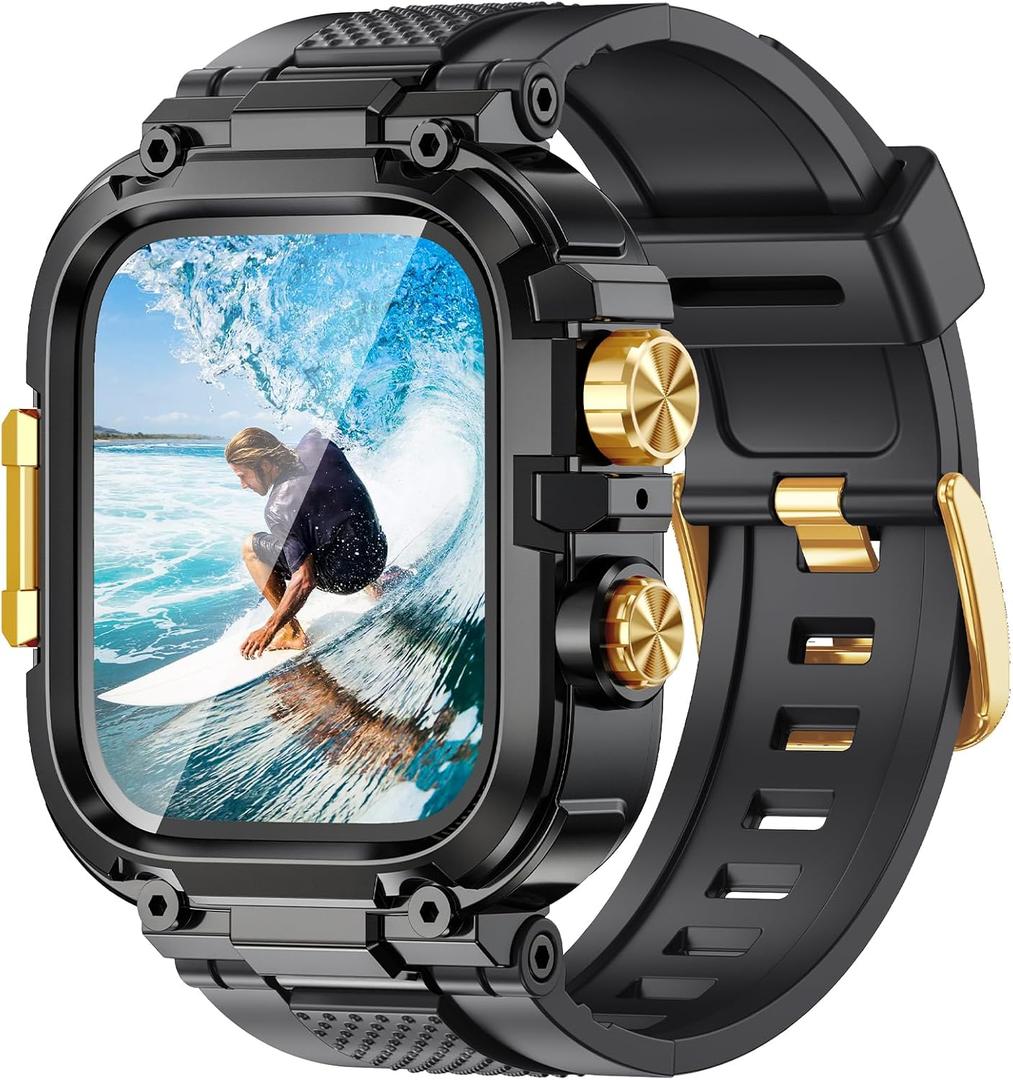 Goton IP68 Waterproof Rugged Band for Apple Watch 46mm/45mm/44mm with Case build-in Screen Protector  Heavy Duty Sport Strap Compatible with iWatch Series 11/10/9/8/7/6/5/4/SE (Black-Gold)