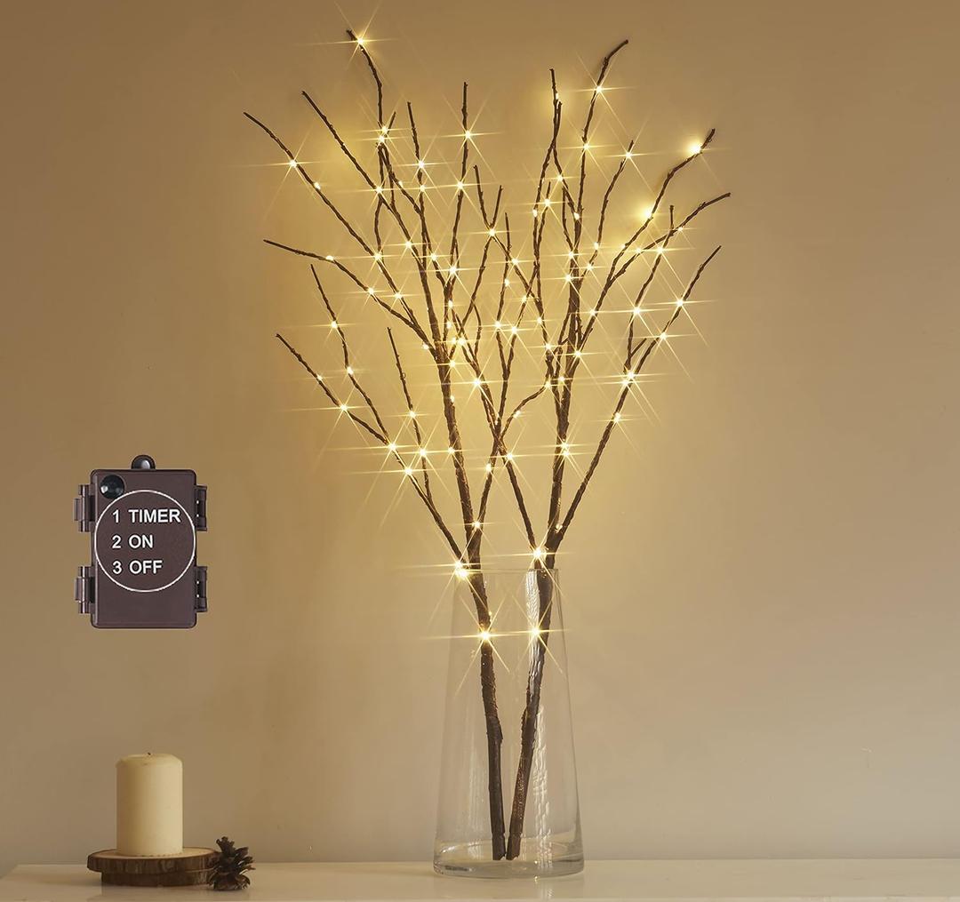 Hairui Lighted Brown Branches Battery Operated with Timer 30IN 100 LED Fairy Lights, Willow Branch Lights for Home Bedroom Fireplace Christmas Holiday Decoration Indoor Outdoor Use (Vase Excluded)