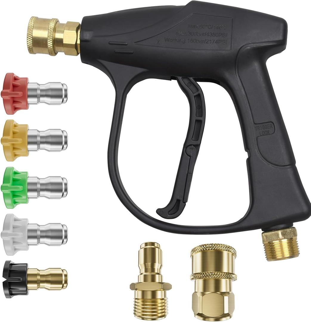 Short Pressure Wash Gun, 3000 PSI Power Wash Gun, High Pressure Washer Handlewith 3/8" Male 1/4" Quick Connect Fittings and 5 Colored Nozzle Tips for Garden Hose High Pressure Wash Gun