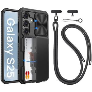 Vihibii for Samsung Galaxy S25 Case with Crossbody Lanyard Strap, Build-in Card Holder (4 Cards) [RFID Blocking] & Slide Camera Cover & Military Grade Drop Protection, Silicone Edge Cover, Black