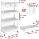 JIUYOTREE 4-Tier Plastic Rolling Storage Cart Utility Cart with Extra Hanging Cups Handles Lockable Wheels for Living Room Bathroom Kitchen Office White