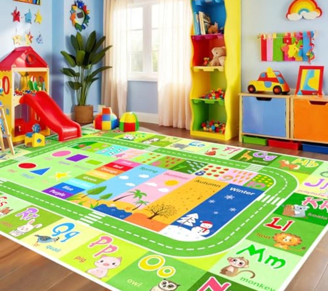 BATATADOCE Kids Rugs for Playroom - Educational Rug with ABC Alphabet,Animals Colors,ABC Rugs for Children Playroom Cartoon Kids Play Mat for Bedroom Decor,Green 2.5×4Feet