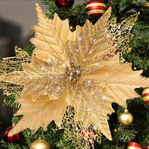 10'' Large Christmas Glitter Poinsettia Flowers Decorations, stadeco 10 Pcs Christmas Tree Picks Ornaments Artificial Flowers with Long Stems for Xmas Tree Wreath Garland Wedding Party DIY Decor (Gold)
