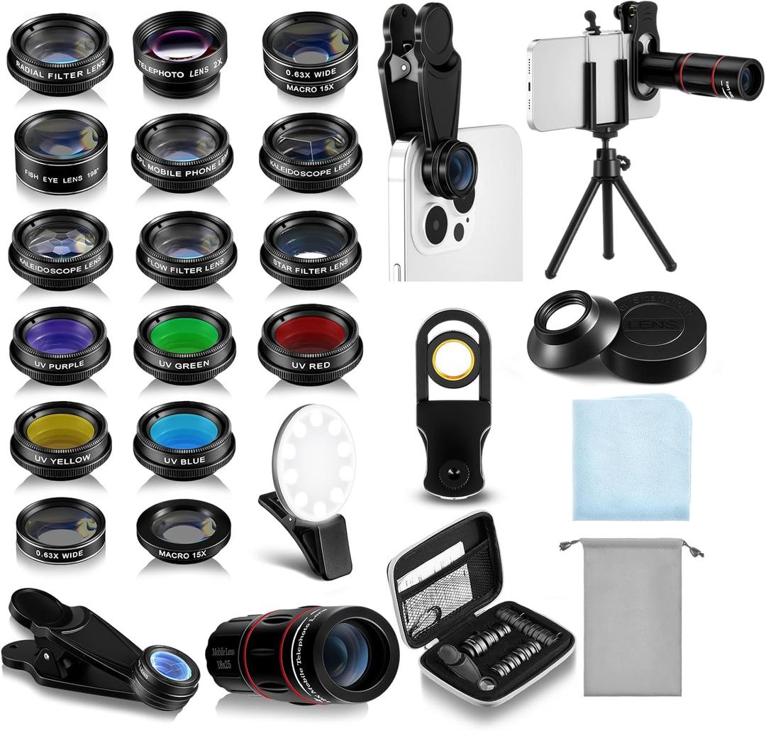 Phone Camera Lens Kit 21 in 1 with Selfie Light Universal 18x Telephoto Lens with Tripod 0.63x Wide Angle 15x Macro 198 Fisheye 2X Telephoto Cpl Compatible with Most Smartphone