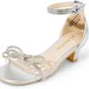 DREAM PAIRS Girls Sandals Ankle Strap Square Toe Low Heel Bow Flower Dress Shoes (2 Little Kid, Silver)