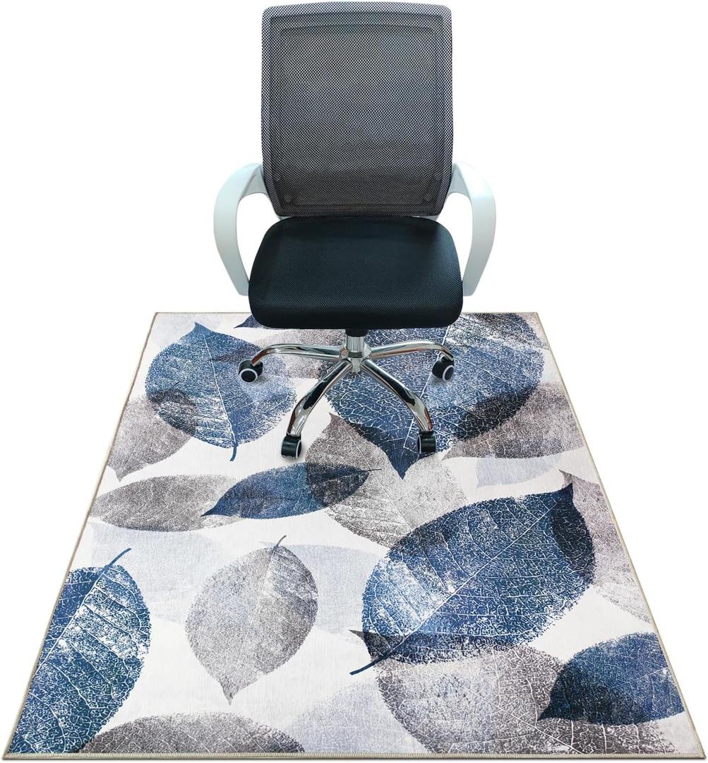 Office Chair Mat for Hardwood Floor & Low-Pile Carpet,60*48Highly Premium Quality Under Desk Mat, Desk Chair Mat for Carpet - 3.86lbs Anti-Slip Carpet Chair Mats Blue Leaf