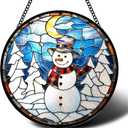 ERMCDFHC Stained Glass Window Hanging, Snowman with Moonlight Scene Round Sun Catchers Glass Panel Suncatcher Decor for Home, 7.8Inch. (003)