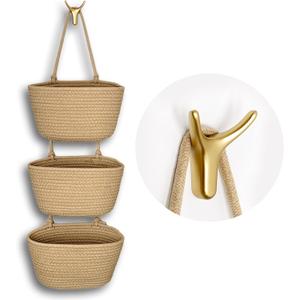 3-Tier Decorative Cotton Rope Hanging Basket, Wall-Mounted Woven Storage Organizer Bag, Jute