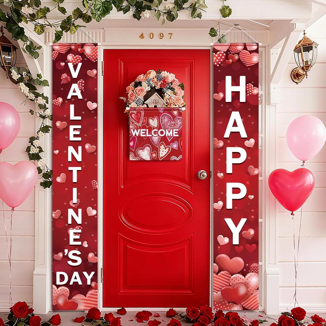VitalCozy 3pcs Valentines Day Door Banner Welcome Hanging Banner Happy Valentines Day Banners for Front Door Hanging Porch Signs Love Heart Decoration for Yard Indoor Outdoor