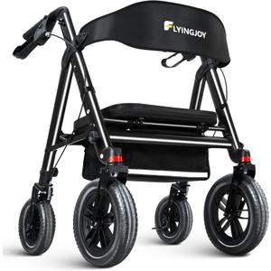 Rollator Walker with Seat,12" Front Wheels 10" Rear Rolling Walker, Extra-Wide Heavy-Duty Rollator Walker with Seat and Brakes for Seniors and Adults Bariatric with Large Aluminum (Black)