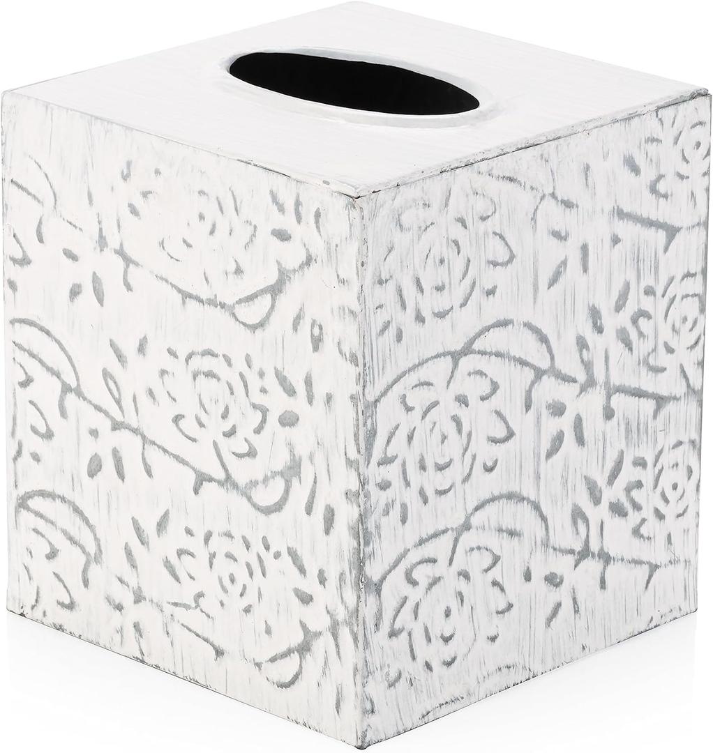 Country Chic Modern Farmhouse Tissue Box Holder, Decorative Metal Tissue Cover, Rustic Square White Style (Upright)