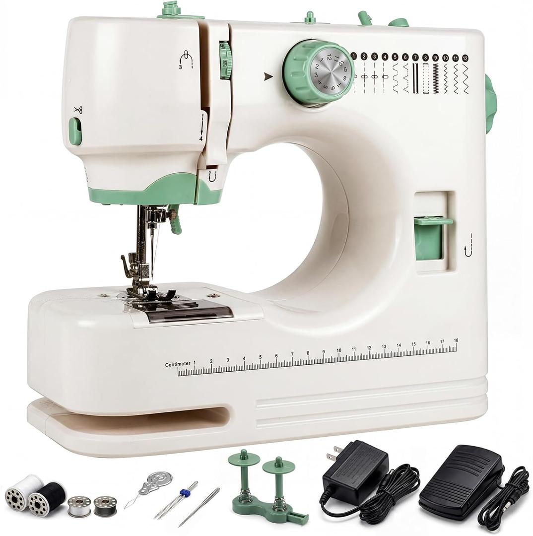Portable Sewing Machine with Twin Needles & Double Thread, 16 Built-In Stitches, Reverse & Buttonhole, Foot Pedal, LED Light, Thread Cutter, for Beginners & Home Sewing Projects, Accessories Kit