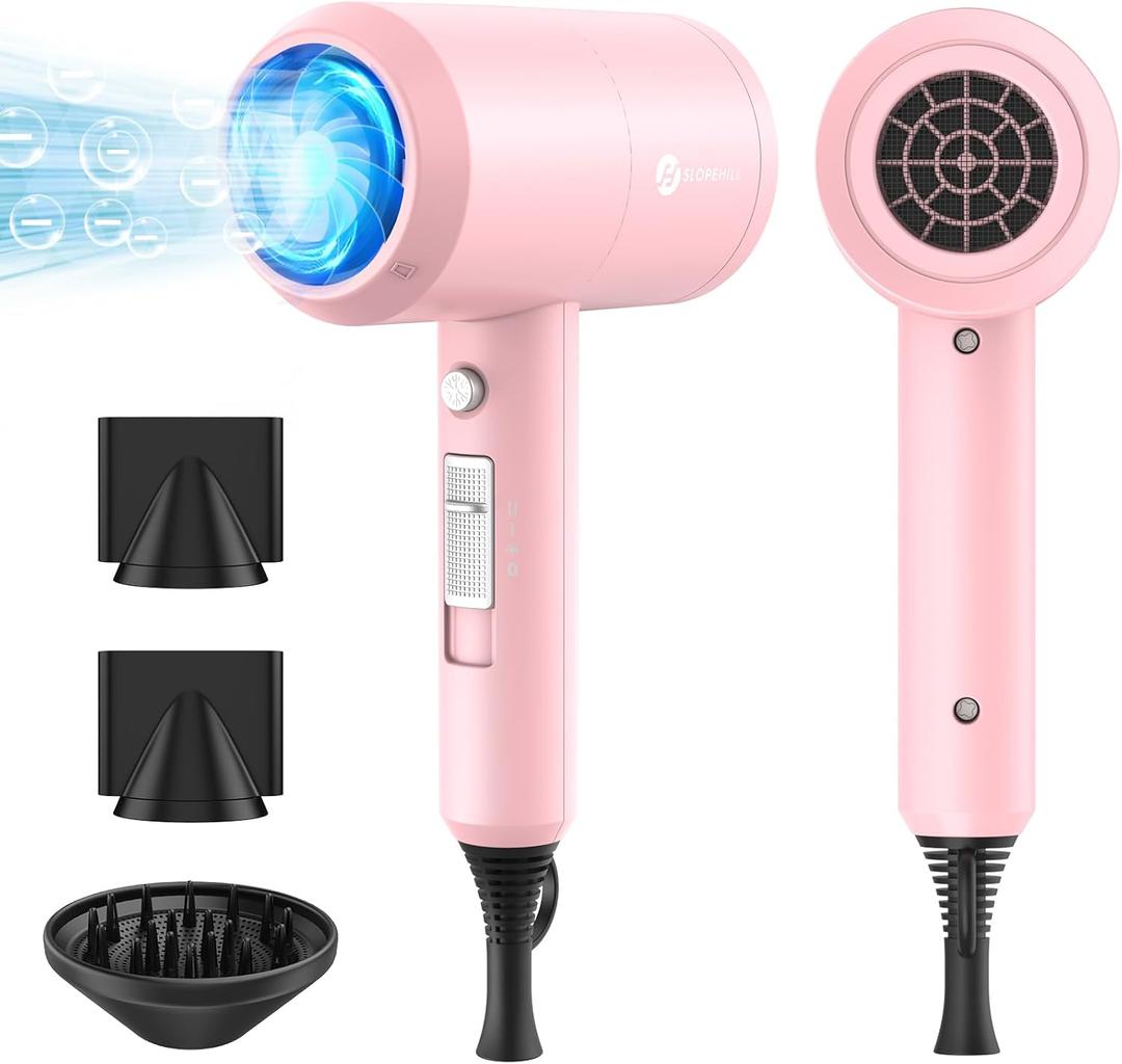 slopehill Professional Ionic Hair Dryer, Powerful 1800W Fast Drying Low Noise Blow Dryer with 2 Concentrator Nozzle 1 Diffuser Attachments for Home Salon Travel (Pink)