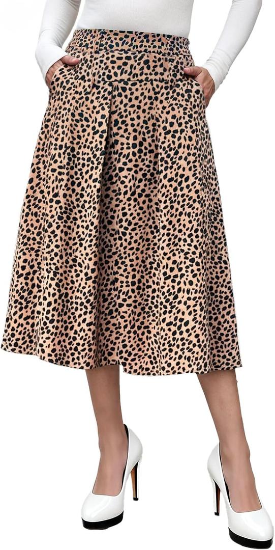 FARORO Midi Skirts for Women High Waist Floral Print Pleated A-Line Skirt with Pockets Work Casual (M)