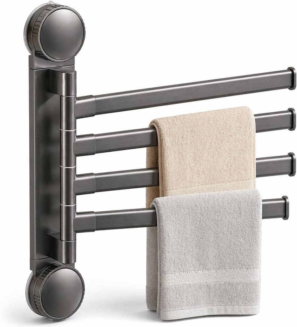 Swivel Towel Rack, 4-Arm Suction Cup Towel Holder, Thicken Aluminum Swing Out Towel Bar, Rustproof Space Saving Towel Hanger for Bathroom and Kitchen (Gun Grey)