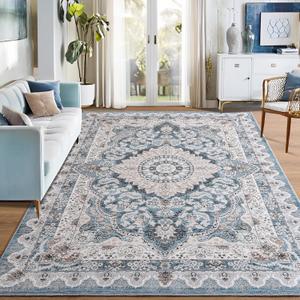 Foxmas 6x9 Area Rugs for Living Room, Machine Washable Vintage Rug, Non-Slip Low Pile Throw Rugs with Rubber Backing Washable Carpet for Bedroom Dining Room Kitchen Home Decor, Blue
