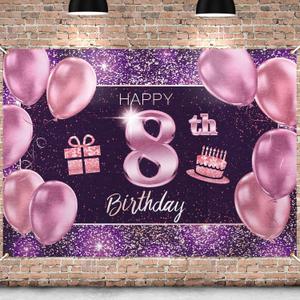 Happy 8th Birthday Banner Backdrop - 8 Birthday Party Decorations Supplies for Girls - Pink Purple Gold 4 x 6ft