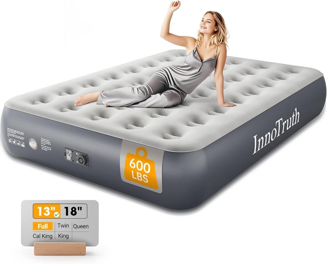 InnoTruth Camping Air Mattress, Full Size with Built in Pump, Inflatable Mattress Blow up Mattress, Family Choice Award Winner-13 Colchones Inflables Foldable Air Bed for Guest & Home, Grey