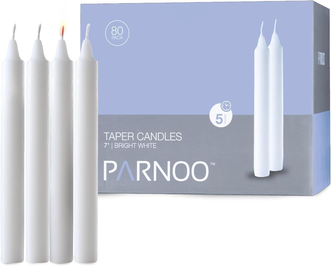 Tapered Candles - 80 Bulk Set of 6 Sticks - 5 Hours Clean, Long-Burning White Candlesticks - Dripless Unscented & Hand-Dipped Tall Candles for Dinners - White Taper Candles by PARNOO