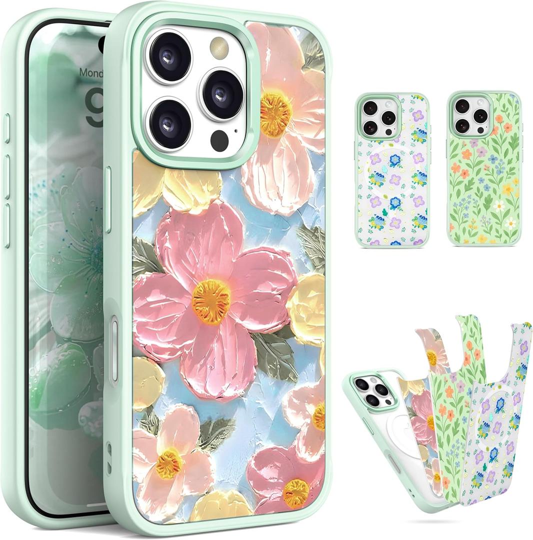 Magnetic for iPhone 16 Pro Max Case with 3 Removable Floral Inserts, [Compatible with Magsafe] [Anti Peel Off Tech] for 16 Pro Max iPhone Case Cute Floral Translucent Stylish TPU Case for Girls Women (Blue)