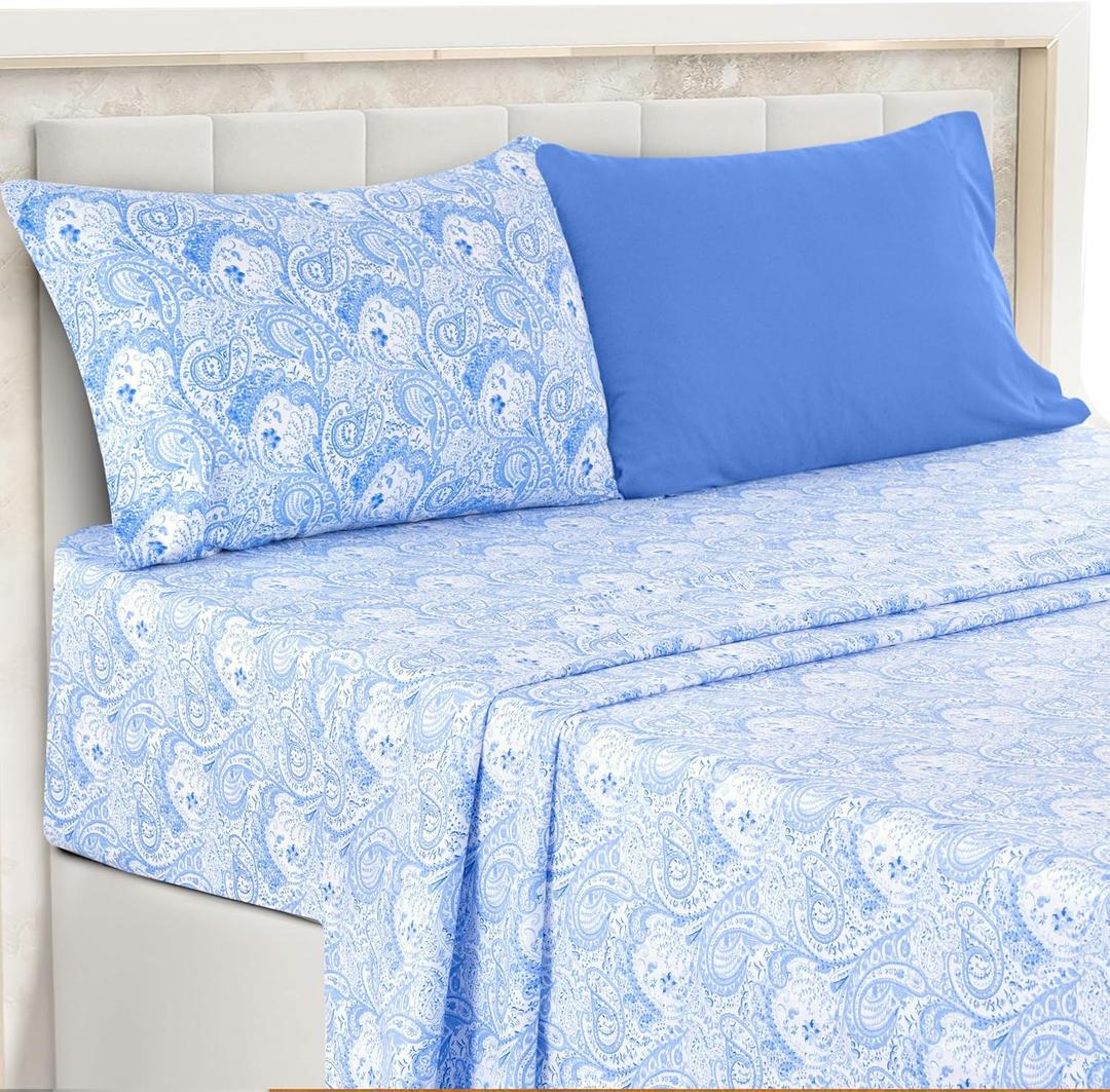 Blue and White Paisley Sheet Set, Twin - Ultra Soft Deep Pocket | Cooling Wrinkle-Free Microfiber, Boho Floral Print | 4 Piece Set: Fitted, Flat Sheet & 2 Pillowcases | OEKO-TEX, Easy Care