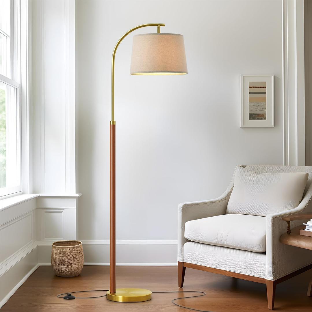 GSAFAVA 62.5" Wood Floor Lamp for Living Room Gold with Foot Switch Arc Standing Tall Lamps for Bedroom Mid Century Modern Corner Floor Lamps for Office Nursery Industrial Reading Light Room Lamp
