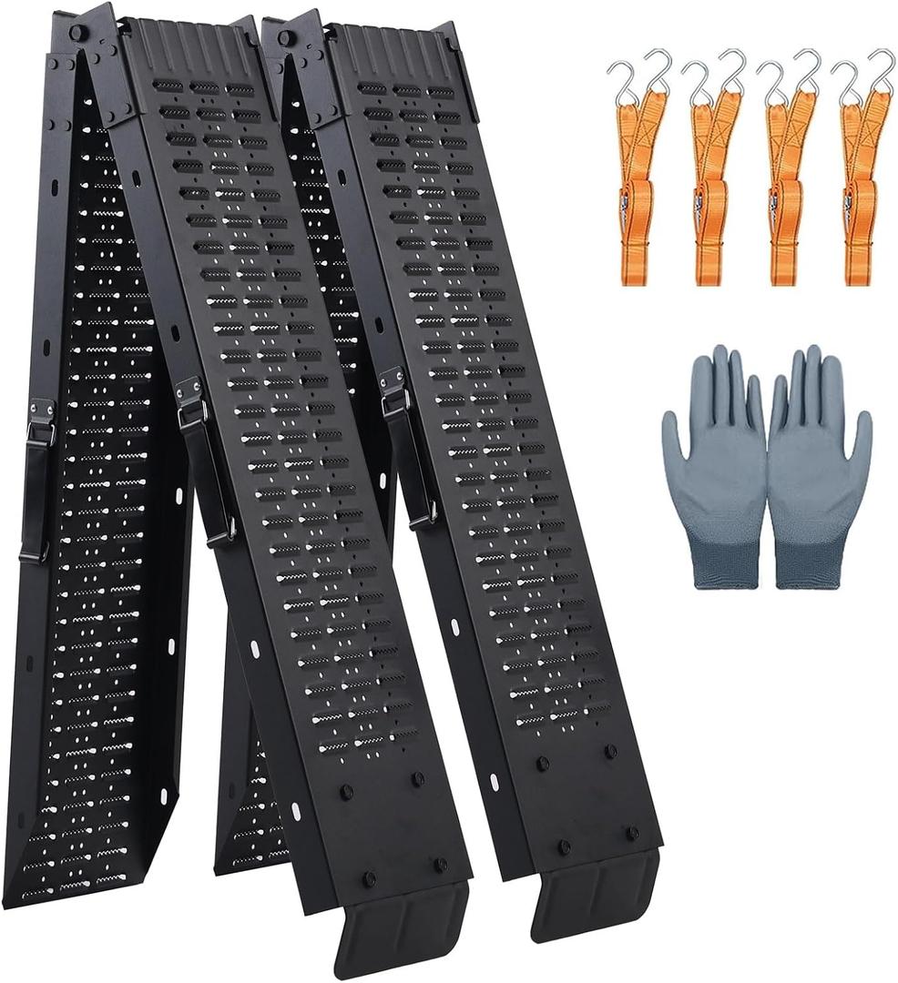 72.5" Heavy Duty Folding Loading Ramps with Sandblasted Finish, 1500lb Capacity, Ideal for Motorcycles, Lawn Mowers, ATVs, UTVs, and More Pack of 2 with Safety Straps and Gloves