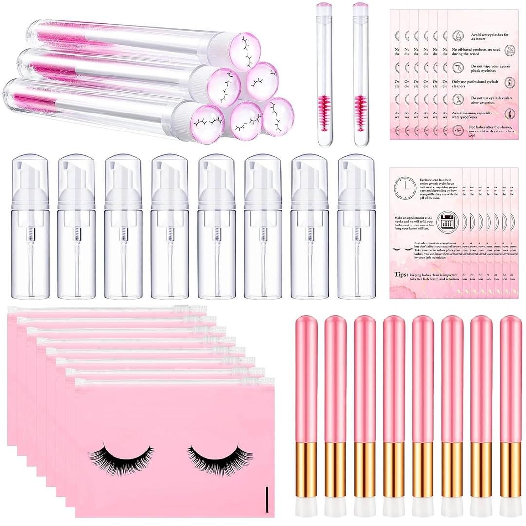 Remerry 40 Pcs Lash Shampoo Brushes Set Eyelash Aftercare Bag Disposable Mascara Tubes Foam Pump Bottle Extension Aftercare Instructions Card Eyelash Accessories for Women Mother(Zippered Bag Style)