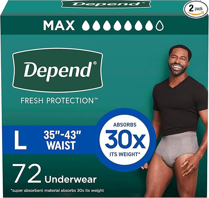Depend Fresh Protection Adult Diapers, Incontinence Underwear for Men, Disposable, Maximum, Large, Grey, 72 Count (2 Packs of 36), Packaging May Vary