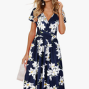 OUGES Women's Summer Short Sleeve V-Neck Floral Short Party Dress with Pockets L