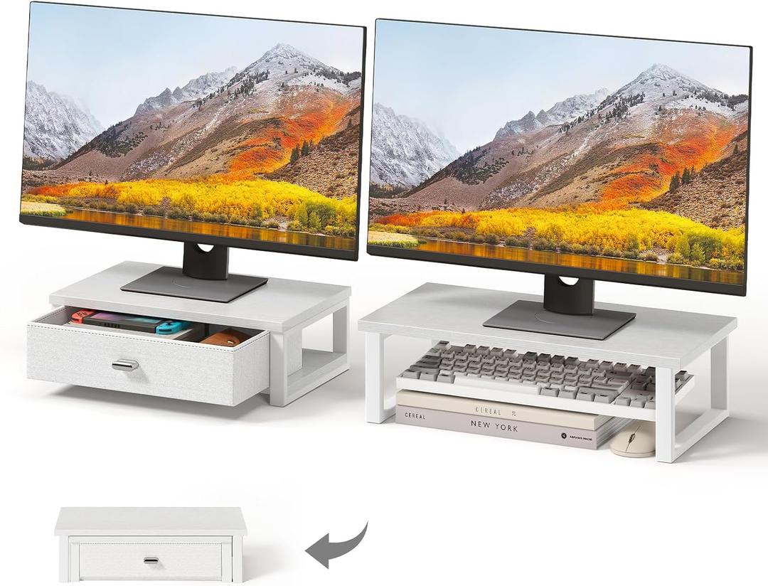 WOHOMO Dual Monitor Stand Riser with Drawers, Desk Organizers for 2 Monitors, Desktop Storage Stand for Computer,Laptop,White