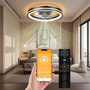 Low Profile Ceiling Fan with Light and Remote Bladeless Bedroom Ceiling Fan with Light, 20in Small Flush Mount Ceiling Fan Dimmable Modern Enclosed Ceiling Fans for Small Room - Black
